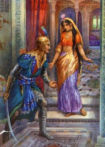 quot;Da hun fikk øye på Rama, løp hun fremquot; (fargelitografi) av Harry George Theaker