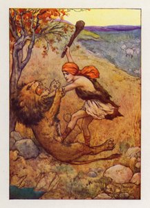 David fanget det store dyret og drepte det (fargelitografi) av Harry George Theaker