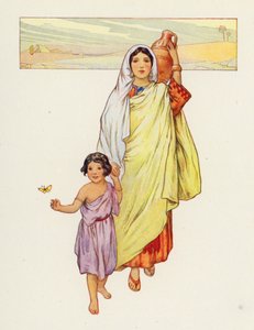 Hagar og Ismael dro ut i ødemarken (fargelitografi) av Harry George Theaker