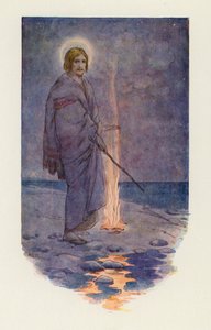 Jesus sto på stranden (fargelitografi) av Harry George Theaker