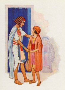 Juda førte Benjamin og presenterte ham for Josef (fargelitografi) av Harry George Theaker