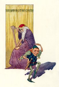 Minstreler og dverger underholder kongen (fargelitografi) av Harry George Theaker