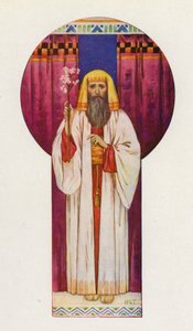 Moses holdt opp stavene (fargelitografi) av Harry George Theaker