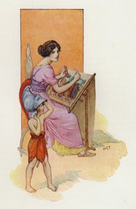 Penelope med sønnen Telemakos (fargelitografi) av Harry George Theaker