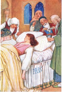 Prinsesse Aldebonda og hennes leger (fra historien (Kjærlighetens pilegrimer), illustrasjon fra #39;Fortellingene fra Alhambra#39;, ca. 1940 (fargelitografi) av Harry George Theaker