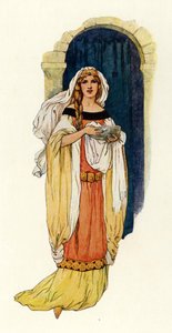 Prinsesse Guinevere bringer vann i et sølvfat (fargelitografi) av Harry George Theaker