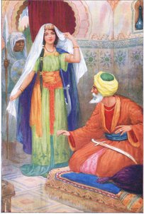 Den vakre fangen og Aben Habuz (fra historien Den arabiske astrologen), illustrasjon fra «Fortellingene fra Alhambra», ca. 1940 (fargelitografi) av Harry George Theaker