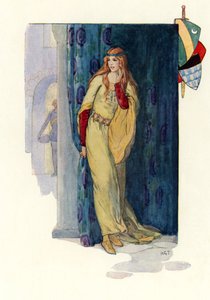 Den stumme jomfruen steg opp og gjemte seg bak et forheng (fargelitografi) av Harry George Theaker