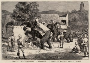Afghanistan, befester en posisjon, elefanter raserer uthus av Harry Hamilton Johnston