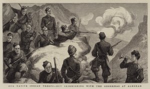 Våre innfødte indiske tropper, ut i trefning med gurkhene ved Almirah av Harry Hamilton Johnston