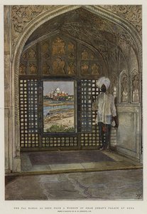Taj Mahal sett fra et vindu i Shah Jehans palass i Agra