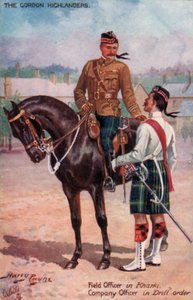 Gordon Highlanders, feltoffiser i Kharki, selskapsoffiser i boreorden (farge litho)