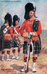 Gordon Highlanders, sersjant, bandmann og trommeslager, anmeldelsesordre (litho i farge)