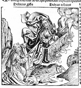 Elia reiser seg i en ildvogn og overlater eiendommen sin til Elisee. Hartmann Schedel: Chronicle of Nürnberg. Nürnberg 1497 av Hartmann Schedel