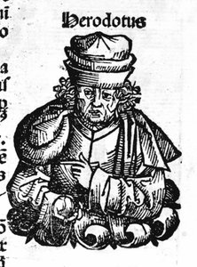 Portrett av Herodot (484 f.Kr. - 425 f.Kr.), gresk historiker. Xylografi av Hartmann Schedel "" Chronicles of Nuremberg"" av Hartmann Schedel
