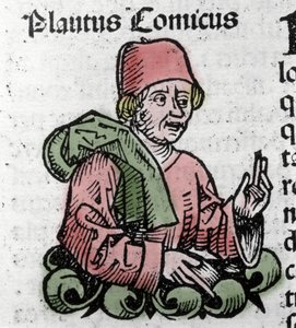 Portrett av tegneserieforfatteren Plaute (Titus Maccius Plautus) (259/251-184 f.Kr.) Xylografi av "" Chronicles of Nuremberg"" av Hartmann Schedel av Hartmann Schedel