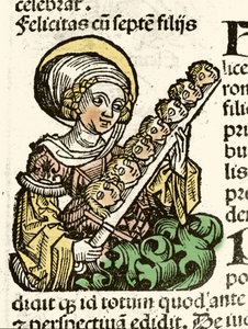 Representasjon av Saint Felicite, martyrium i Roma med hodet til sine syv barn. xylografi av Hartmann Schedel "" Chronicles of Nuremberg""" 1493. av Hartmann Schedel