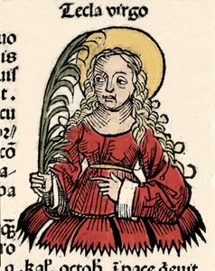 Representasjon av jomfruen og martyrdommen Thecle of Iconium (Santa Tecla) Xylography of "" Chronicles of Nuremberg""" av Hartmann Schedel av Hartmann Schedel