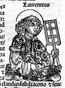 Saint Laurent holder grillen i hånden, et instrument for hans martyrium. Gravering fra «Liber Chronicarum av Hartmann Schedel» av Hartmann Schedel