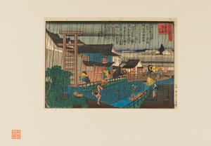 Treblokktrykk - Regnscene ved kita-shinchi i Osaka. Folk med paraplyer, 1800-tallet