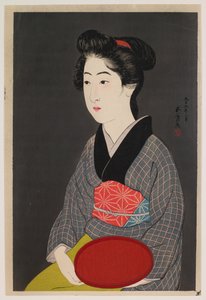 Servitrisen holder et brett (Portrett av Onao, en hushjelp på Matsuyoshi Inn, Kyoto) av Hashiguchi Goyô