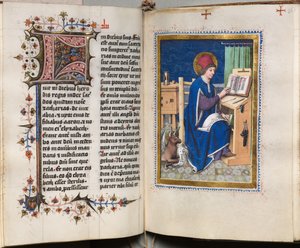 Evangeliebok med evangelistportretter: Dekorert initial av Hausbuch Master