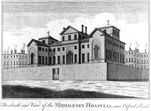South East View of Middlesex Hospital, 1745