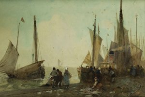 Lossing av fiskebåter på kaien, Bretagne, av Hector Caffieri