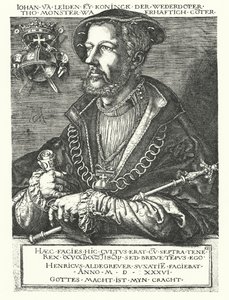 John of Leiden, nederlandsk anabaptistleder og en av lederne for Munster-opprøret 1534-1535 (gravering) av Heinrich (after) Aldegrever