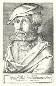 Selvportrett av Heinrich Aldegrever, tysk maler og gravør (gravering) av Heinrich (after) Aldegrever