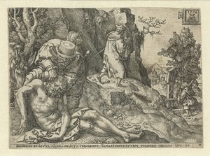 Den barmhjertige samaritan pleier sårene. Lignelse om den barmhjertige samaritan (serietittel) av Heinrich Aldegrever