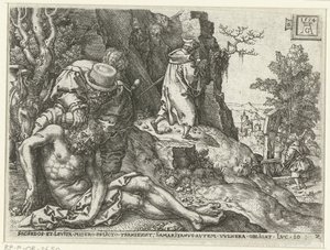 Barmhjertige samaritan tar seg av sårene Lignelse om den barmhjertige samaritan (serietittel) av Heinrich Aldegrever