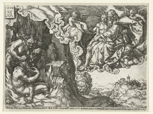 Den rike mannen i helvete ser Abraham med Lasarus Lignelse om Lasarus og den rike mannen (serietittel) av Heinrich Aldegrever