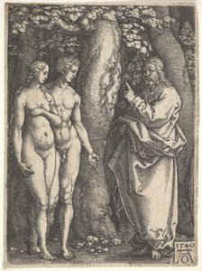 Gud til høyre forbyr de nakne Adam og Eva til venstre å spise fra kunnskapens tre i..., 1540.