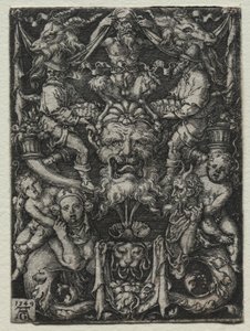 Ornamentdesign med en maske, et par tritoner og to barn under av Heinrich Aldegrever