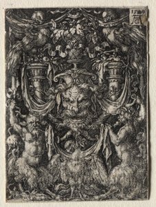 Ornamentdesign med en maske og en ørn mellom to fauner nedenfor av Heinrich Aldegrever