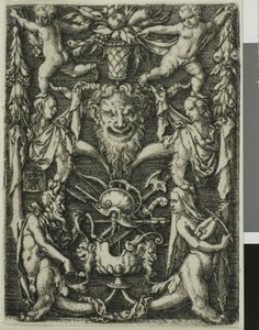 Ornamental design med et par satyrer, barn og et trofé av Heinrich Aldegrever