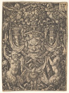Ornamental design med en maske og en ørn mellom to fauner nedenfor, 1549. av Heinrich Aldegrever