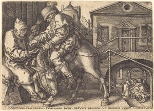 Den barmhjertige samaritan som betaler for den reisendes innkvartering, 1554. av Heinrich Aldegrever