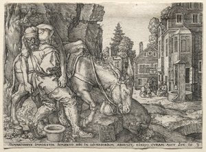 Lignelsen om den barmhjertige samaritan: Den barmhjertige samaritan som setter den reisende på eselet sitt, 1554.