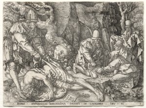 Lignelsen om den barmhjertige samaritan: Ranerne angriper de reisende av Heinrich Aldegrever