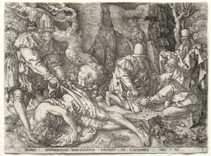 Lignelsen om den barmhjertige samaritan: Røverne som angriper de reisende, 1554. av Heinrich Aldegrever