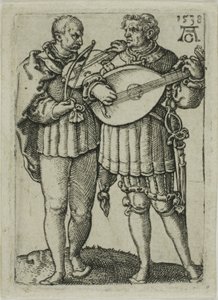 To musikere som spiller fiolin og lut, tallerken en fra Small Wedding Dancers av Heinrich Aldegrever