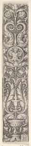 Vertikalt panel med en kandelaber som inneholder en medaljong med en kentaur og et par dolp..., 1529. av Heinrich Aldegrever