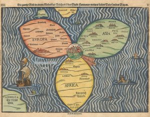 Tre verdensdeler som en shamrock, med Jerusalem i sentrum. 1581