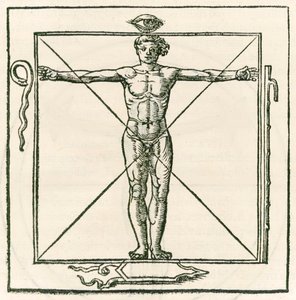 Mann på en firkant omgitt av symboler for øyet, slange, syv seksjonsstav og skjold. Gravering fra Heinrich Cornelius Agrippa von Nettesheim (1486-1535) De occulta philosophia libri tres (Three B av Heinrich Cornelius Agrippa von Nettesheim