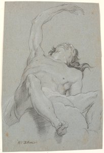 Naken mann, sett "de sotto in su". Studie for figur i takmaling