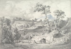 Sørlandskap med en mann og en slange, 1847. av Heinrich Dreber