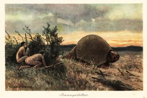 Primitive menn med spyd som jakter på en glyptodon.