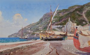Amalfi, fiskebåter på stranden / akvarell av H.Hermanns av Heinrich Hermanns
